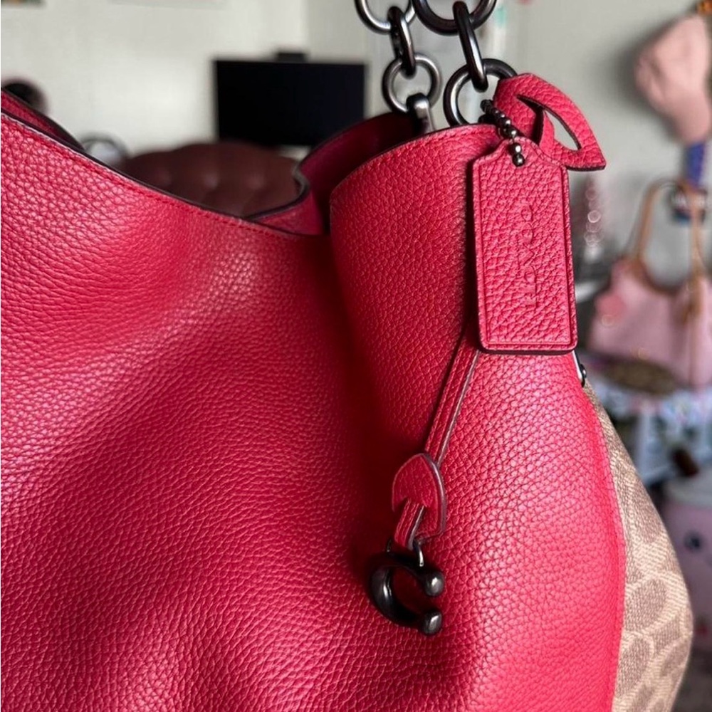 Coach Dalton Pebbled Leather & Signature Tote Bag in Red - Picture 3 of 5